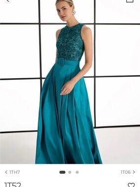 Rosa Clará Teal Lace and Satin Maxi Gown with Shawl Evening Bride